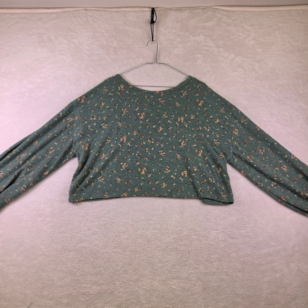 Hudson Gray Green Floral Print Cropped Balloon Sleeve Top Strappy Back Large